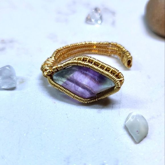 Handmade gold color adjustable ring fluorite stone - Picture 1 of 5
